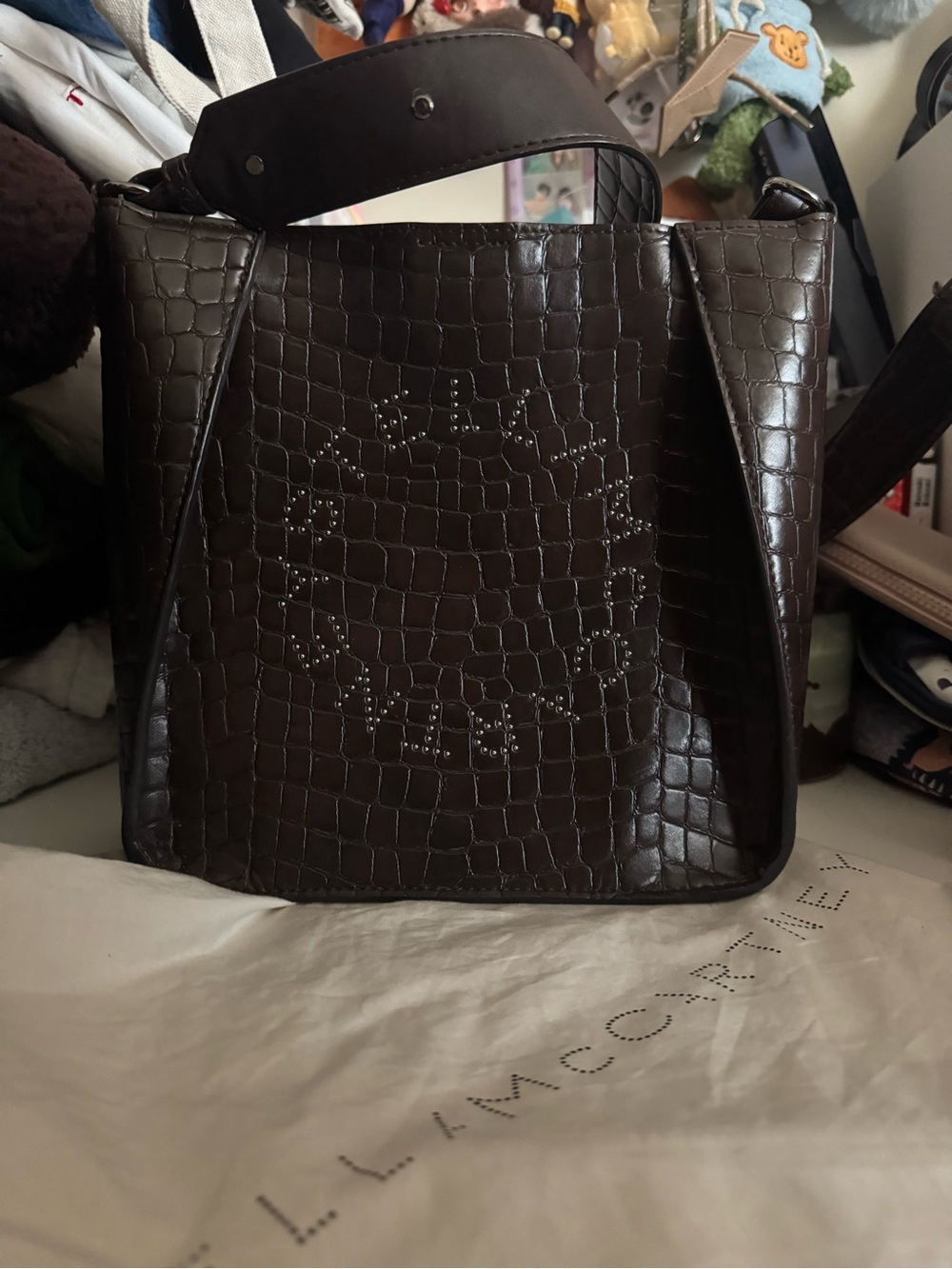 Stella McCartney Dark Brown Croc-Embossed Perforated Logo Tote